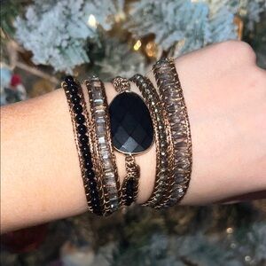 Black and grey with brown rope natural stone wrap bracelet